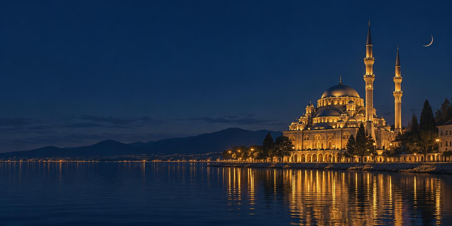 Golden mosque beside tranquil water before dawn